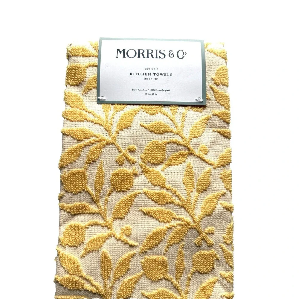 Morris & Co Rosehip Kitchen Dish Towels 100% Cotton Set of 2 Textured Yellow